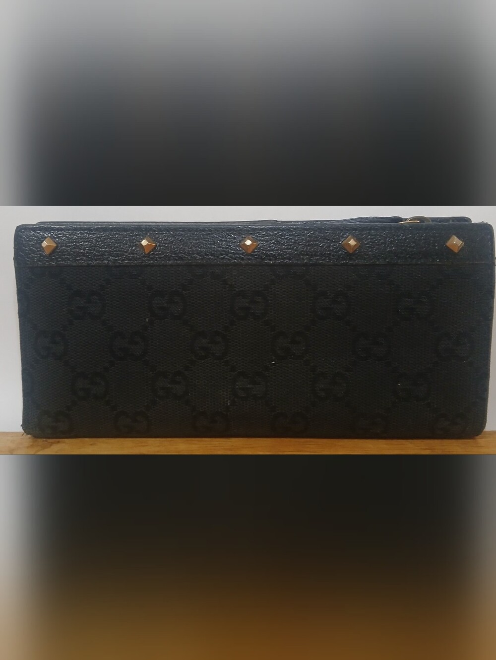 EUC Gucci Monogram Wallet with Gold Studs